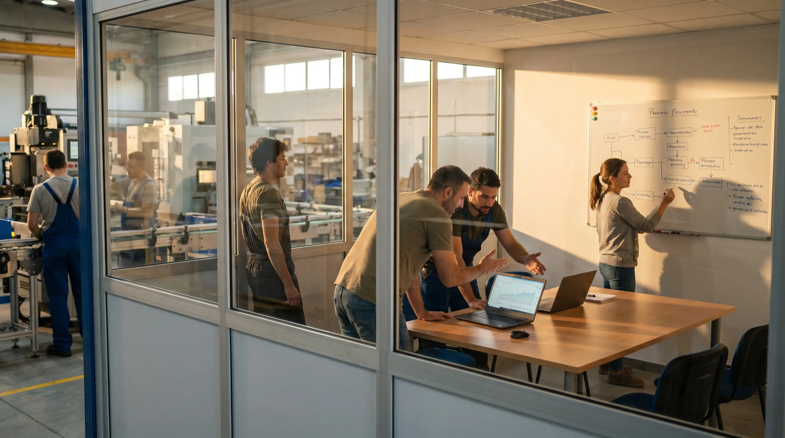 Equipo analizando datos en oficina con vistas a la línea de producción.